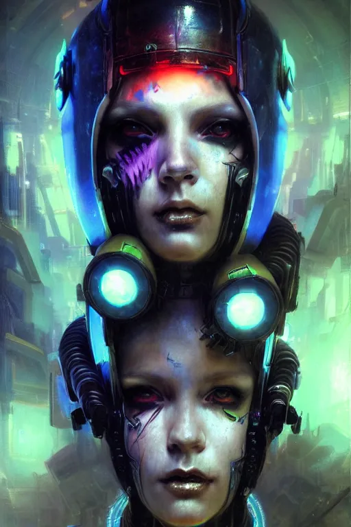 Image similar to a cybergoth warhammer character, dystopian mood, cinematic film look, super realistic , neon, sci-fi character portrait by gaston bussiere, craig mullins