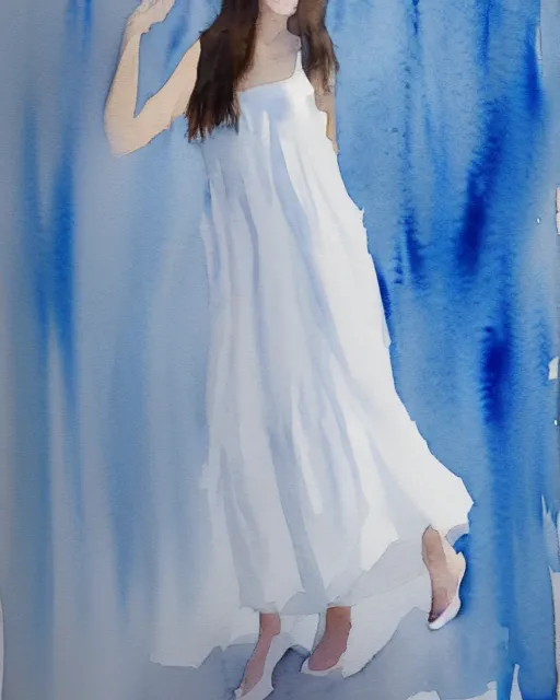 Prompt: watercolor picture of a beautiful young woman in white dress, high key, 8k