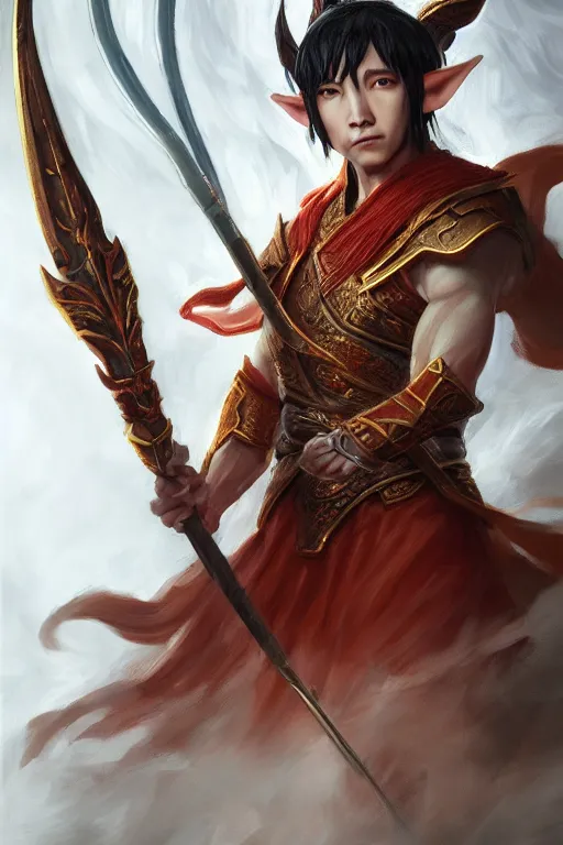 Image similar to a masterpiece portrait of nezha, young elf prince holding spear, flame everywhere, epic pose, fantasy character portrait, closeup shot, hyper detailed, digital painting, 8 k realistic, trending on artstation, sharp focus, dof, by fenghua zhong, artgerm, ne zha from smite, jeff easley, raymond swanland