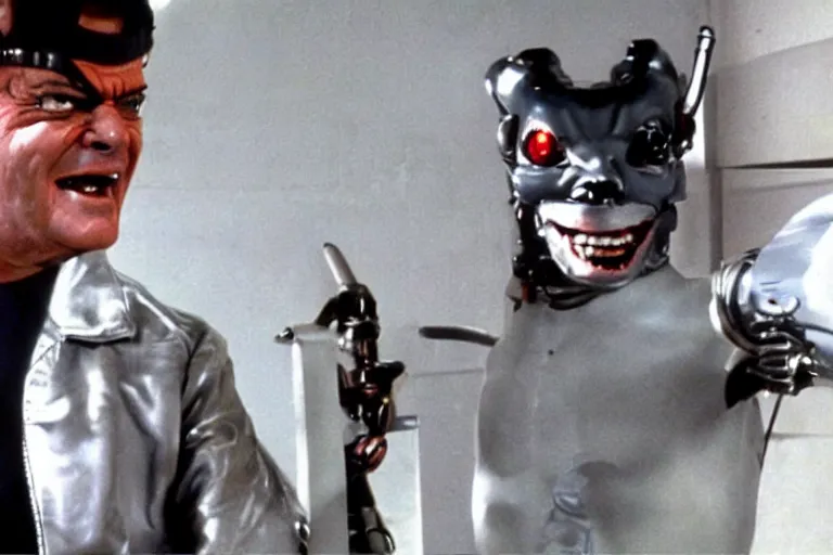 Image similar to Jack Nicholson in costume of Terminator Pikachu hybred, scene where his endoskeleton gets exposed, still from the film