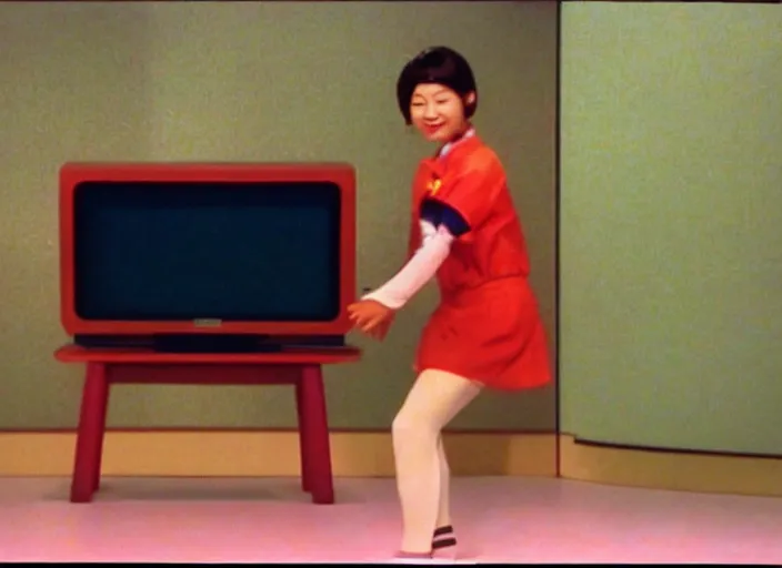 Prompt: Japanese funny TV show in 90s. Color VHS footage. A cute girl dancing on stage in the TV studio.