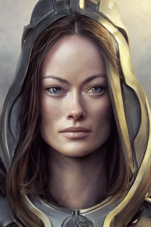 Image similar to a professional painting of a young Olivia Wilde, clothes in military armor, olive skin, long dark hair, beautiful bone structure, symmetrical facial features, intricate, elegant, digital painting, concept art, smooth, sharp focus, illustration, from StarCraft by Ruan Jia and Mandy Jurgens and Artgerm and William-Adolphe Bouguerea