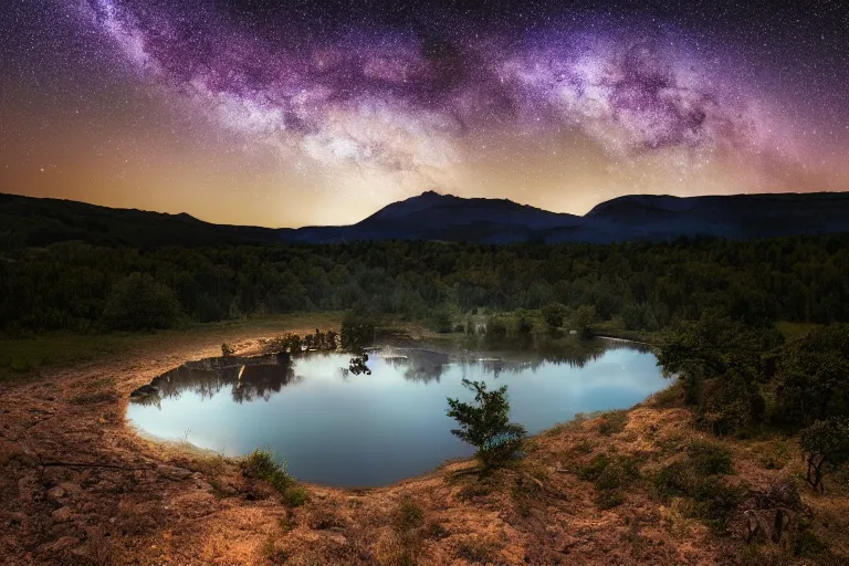 Image similar to a large valley landscape with a still lake at night and milky way appearing on the sky, 8K, hdr, octane render, long pose photography, astrophotography