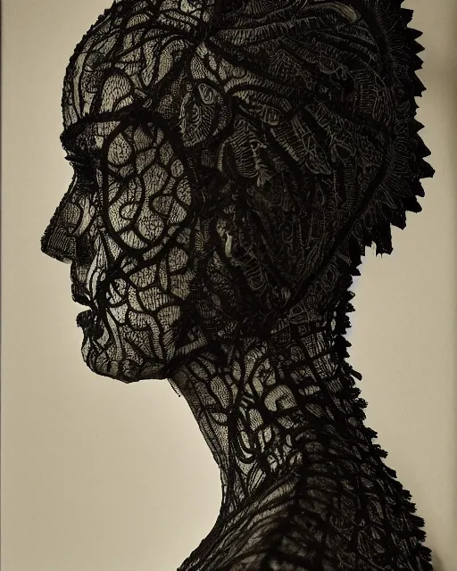 Image similar to a woman's face in profile, made of intricate decorative lace leaf skeleton, in the style of the dutch masters and gregory crewdson, dark and moody, depth of field