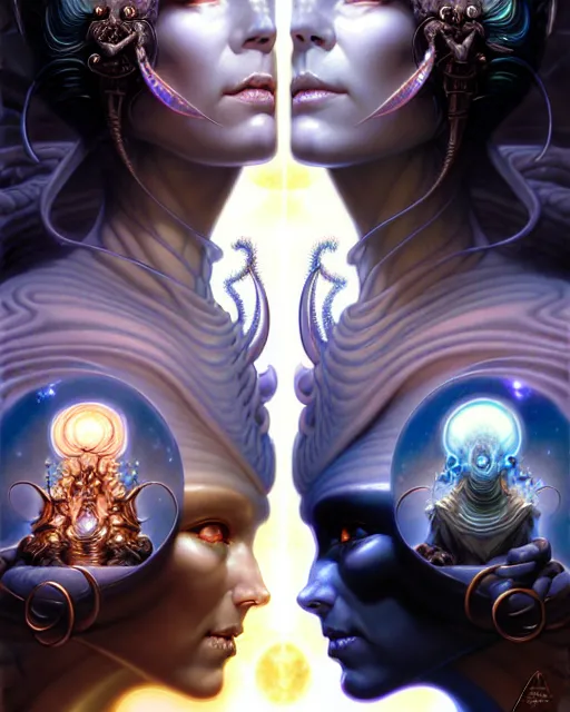 Image similar to a portrait of gemini light and dark fantasy character portrait made of fractals facing each other, ultra realistic, wide angle, intricate details, the fifth element artifacts, highly detailed by peter mohrbacher, hajime sorayama, wayne barlowe, boris vallejo, aaron horkey, gaston bussiere, craig mullins