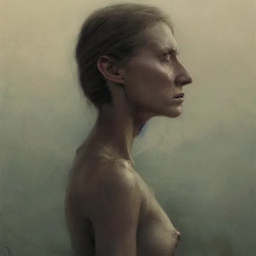 Image similar to A portrait of a woman, angry face, art by Greg Rutkowski and Zdzisław Beksiński