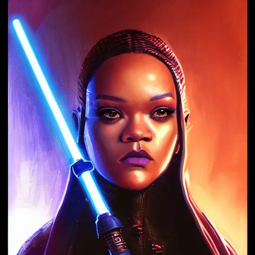 Image similar to star wars sith lord empire Rihanna profile picture by Greg Rutkowski, intricate details, futuristic, volumetric lights, streetwear, studio ghibli, Organic Painting , Matte Painting, geometric shapes, hard edges, trending on the artstation, fantasy LUT, realistic by Sachin Teng + Martin Grip + Moebius + Patrick Gleason, smooth, sharp focus, illustration, techwear, Industrial Scifi, detailed illustration, character portrait,-C 9.0