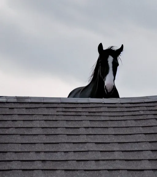 Image similar to low quality photo of a horse on the roof of a house