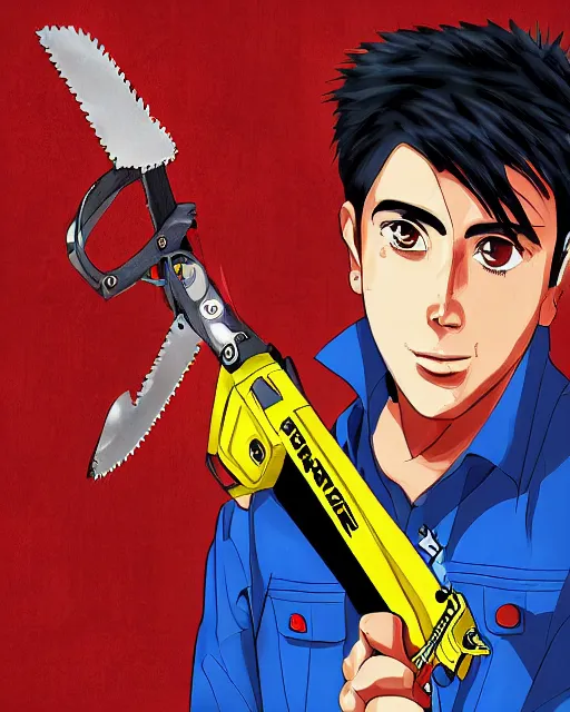 Image similar to Digital presidential anime art of Alvaro Uribe Velez holding a chainsaw by A-1 studios, serious expression, empty warehouse background, highly detailed, spotlight