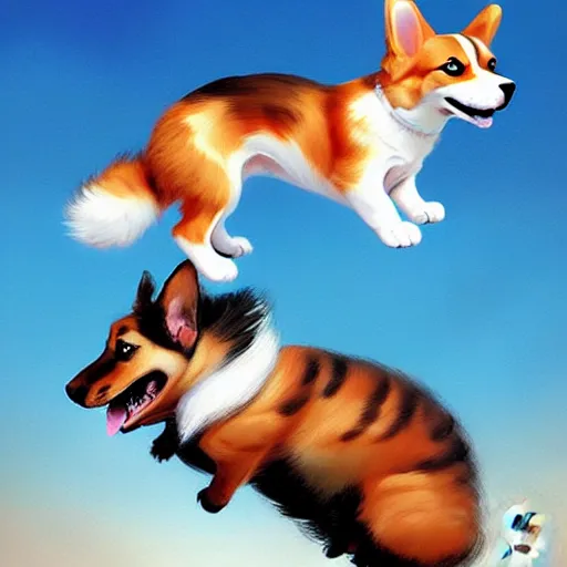 Image similar to tiny cat girl riding on the back of a giant corgi by greg rutkowski