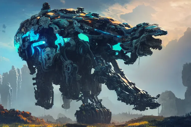 Image similar to snapmaw machine mecanical creature robot of horizon forbidden west horizon zero dawn bioluminiscence global illumination ray tracing hdr fanart arstation by ian pesty and alena aenami artworks in 4 k