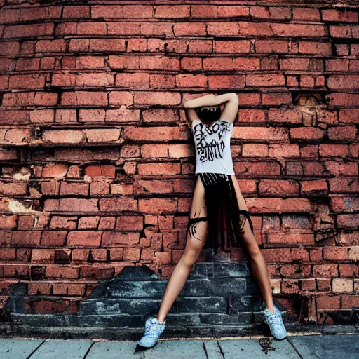 Image similar to fashion photo natasha karsavina nata lee breaking through a brick wall like the kool - aid man