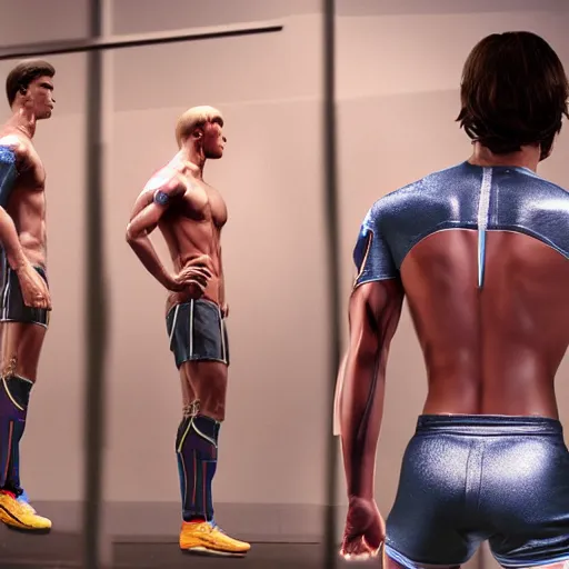 Image similar to a realistic detailed photo of a guy who is an attractive humanoid who is half robot and half humanoid, who is a male android, attractive and handsome soccer players, shiny skin, posing like a statue, blank stare, in a factory, on display, showing off his muscles, wearing soccer shorts, side view, looking at each other mindlessly