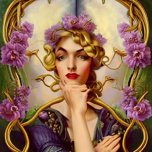 Image similar to dynamic composition, blonde woman with hair of spring flowers and vines wearing ornate earrings, ornate gilded details, pastel colors, a surrealist painting by tom bagshaw and jacek yerga and tamara de lempicka and jesse king, wiccan, pre - raphaelite, featured on cgsociety, pop surrealism, surrealist, dramatic lighting