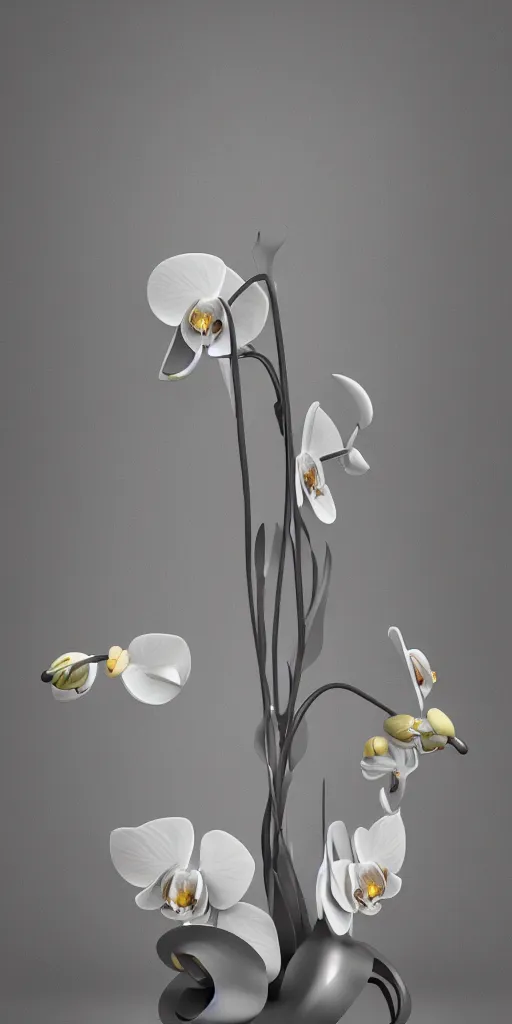 Image similar to 3 d render of an orchid sculpture, chrometype, liquid metal, neotribal, raytraced, volumetric lightning, 8 k, innate studio