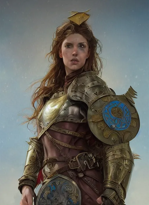 Prompt: portrait of a rugged female as a bruised knight with a shield and armor, fantasy, intricate, headshot, highly detailed, digital painting, artstation, concept art, sharp focus, cinematic lighting, illustration, art by artgerm and greg rutkowski, alphonse mucha, cgsociety