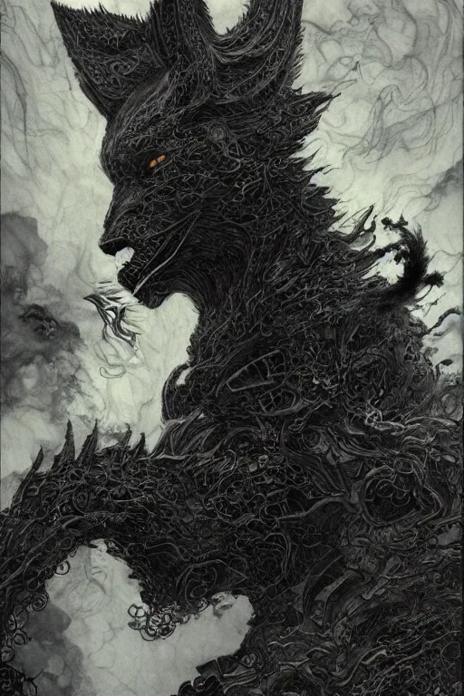 Prompt: portrait of a demon void fox in black suit surrounded by smoke fumes, pen and ink, intricate line drawings, by craig mullins, ruan jia, kentaro miura, greg rutkowski