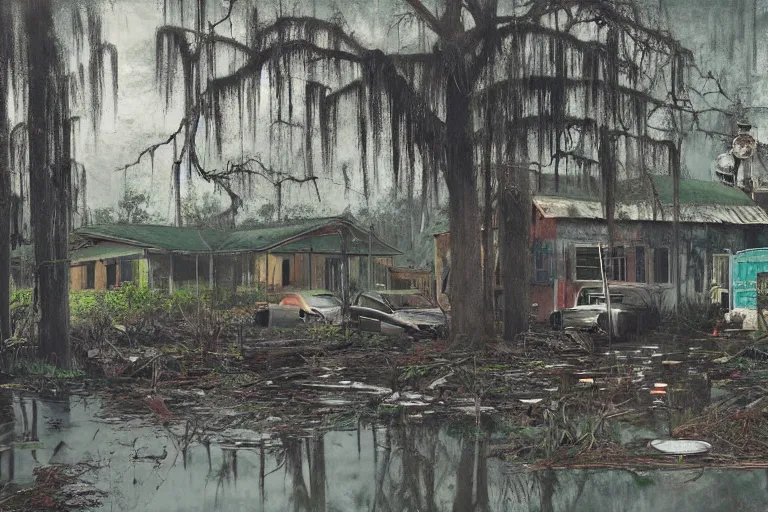 Prompt: scene fromlouisiana swamps, old protestant church with neon cross, junkyard by the road, boy scout troop, voodoo artwork by tim eitel