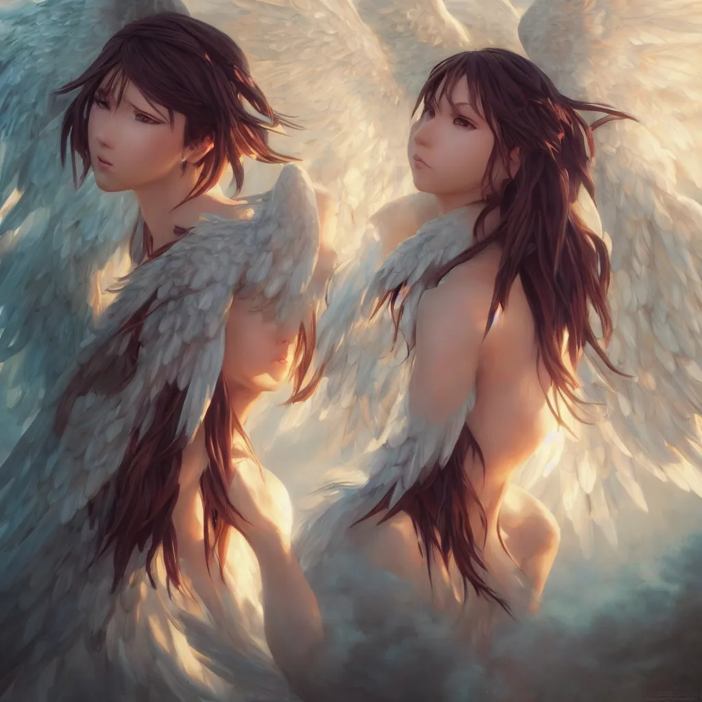 Image similar to an oil painting of a beautiful anime girl with angel wings, by artgerm, wlop and greg rutkowski, hd, hdr, ue 5, ue 6, unreal engine 5, cinematic 4 k wallpaper, 8 k, ultra detailed, high resolution, artstation, award winning