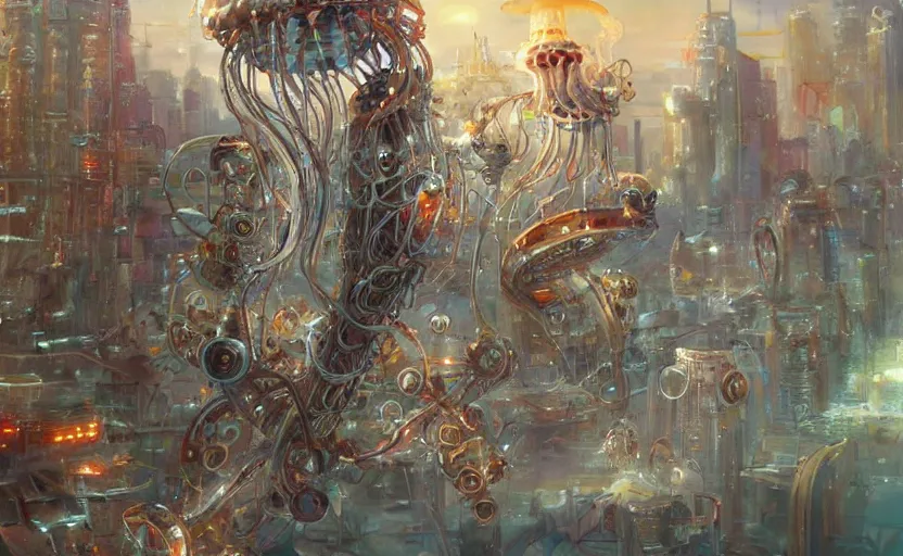 Image similar to Cyborg biomechanical jellyfish city. By Konstantin Razumov, highly detailded