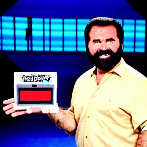 Prompt: Billy Mays hosting Jeopardy, VHS tape footage, 1991, the set of Jeopardy, The game shoe Jeopardy!!