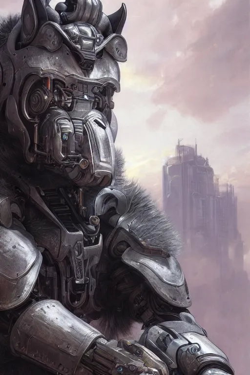 Image similar to portrait painting of a cybernetic grey werewolf with power armor, ultra realistic, concept art, intricate details, eerie, highly detailed, photorealistic, octane render, 8 k, unreal engine. art by artgerm and greg rutkowski and alphonse mucha