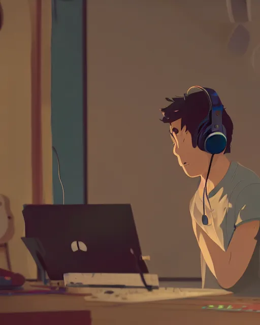 Image similar to man with headphones at his home studio producing music late at night, very detailed, 4 k, cory loftis, james gilleard, atey ghailan, makoto shinkai, goro fujita, studio ghibli, rim light, exquisite lighting, clear focus, very coherent
