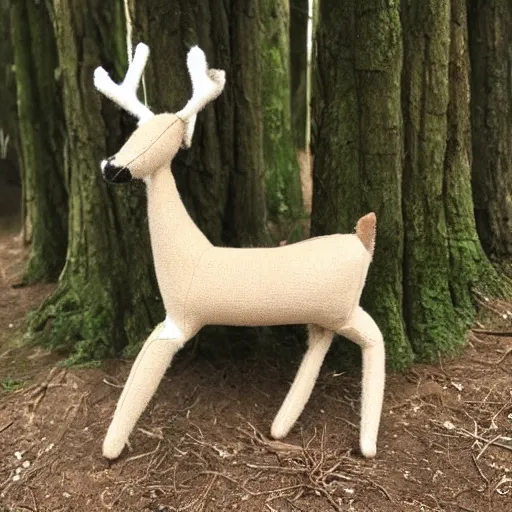 Image similar to a portrait of a realistic deer plush doll with forest background