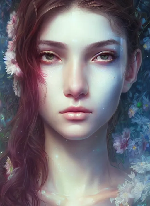 Image similar to beautiful, young woman, extremely detailed gorgeous face, looks realistic, hyper-detailed portrait, sad eyes tears, vaporwave aesthetic, synthwave, magical, fantasy, flowers, artist Artgerm and Greg Rutkowski and WLOP