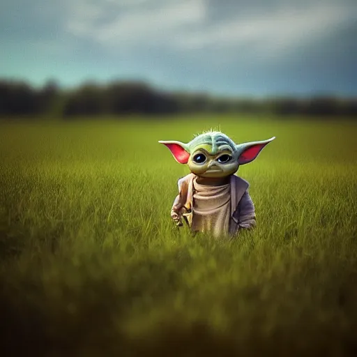 Prompt: realistic groku, baby yoda, in a field. france, dordogne, hills, ultra high,, detail, 8 k, sunset, flowers, trees, river, hills, octane render.