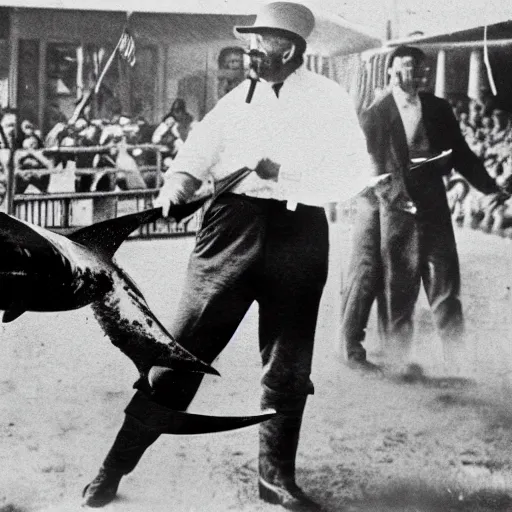 Image similar to teddy Roosevelt punching a shark at the county fair