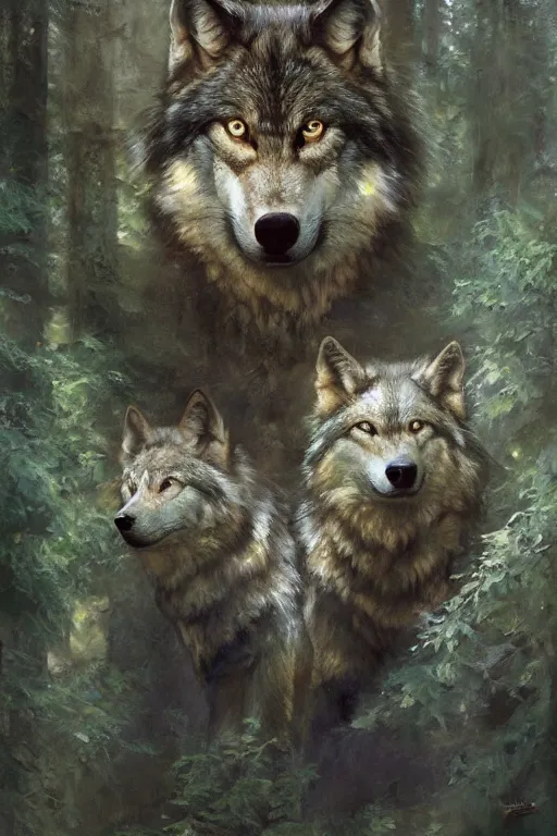 Image similar to spiritual twin flame wolf art, forest hue, highly detailed, oil painting, by craig mullins