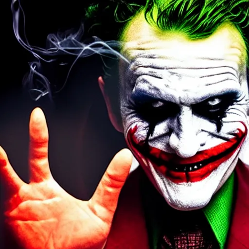 Image similar to joker, smiling, unnatural grin, horror, creepy, smoke, black, dark, glow