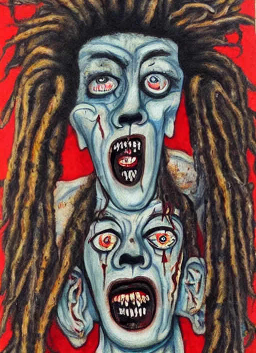 Image similar to a horror portrait of art brut by a psycho man with dreadlocks, full color outsider crazy marginal art