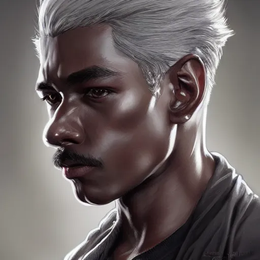 Image similar to ultra realistic illustration, young man with dark gray skin, short white hair, intricate, elegant, highly detailed, digital painting, artstation, concept art, smooth, sharp focus, illustration, art by artgerm and greg rutkowski and alphonse mucha