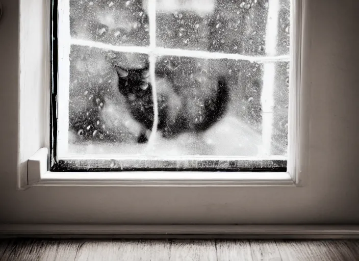 Image similar to photography of a Cat . watching outside the window while it rains. on a bed. in a 70's room full of vinyls and posters, photorealistic, raining award winning photo, 100mm, sharp, high res