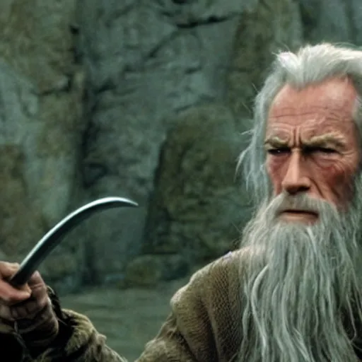 Image similar to film still of clint eastwood as gandalf the grey in the 2 0 0 1 film lord of the rings