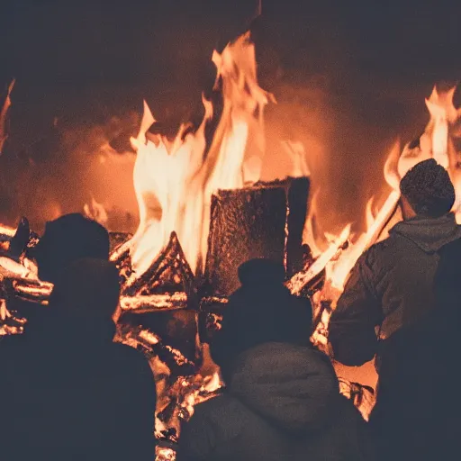 Prompt: a crowd of people standing in front of a fire, a flemish baroque by elsa bleda, unsplash, nuclear art, hellish, dystopian art, volumetric lighting