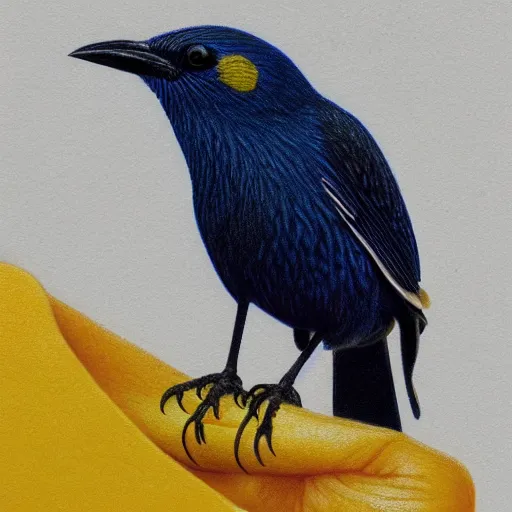 Prompt: a colored pencil drawing of a cap glossy starling by natalia rojas and ana maria martinez jaramillo, pastel color, yellow eye, gradient black and blue, wingspan, highly detailed, realistic graphite, artstation, 4 k, realism, photorealism, fine art