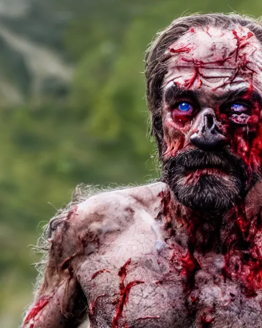 Image similar to an extremely detailed crispy clean 8 k photo close up ultra detailed of zardoz as a zombie he has all glossy red eyes