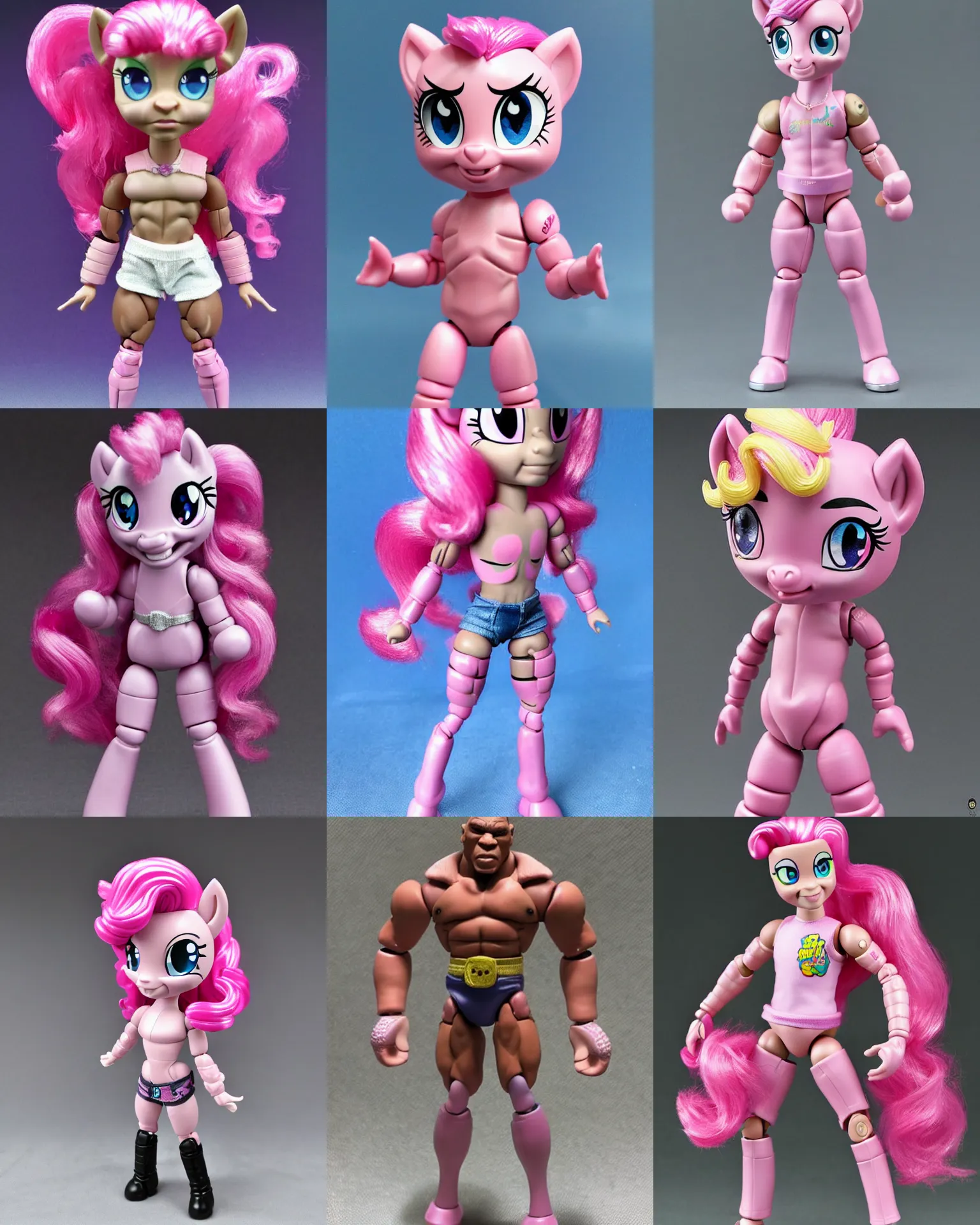 Prompt: pinky pie my little pony, neca!!! pretty! beautiful! mike tyson muscular very detailed realistic action figure by neca face close up mid body in the style of neca, character by neca, film still, bokehs