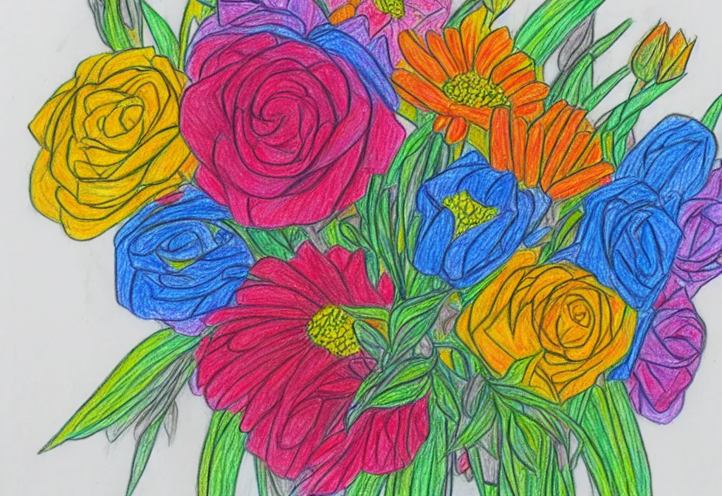 Prompt: professional colored pencil drawing of flower bouquet, long colored pencil strokes, sketchbook aesthetic, mixed media