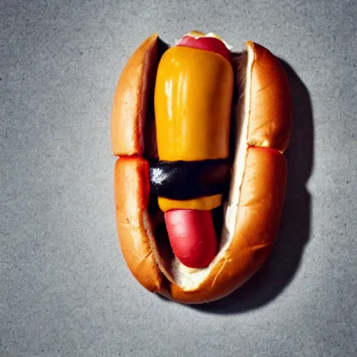 Image similar to a hotdog biting its own tail