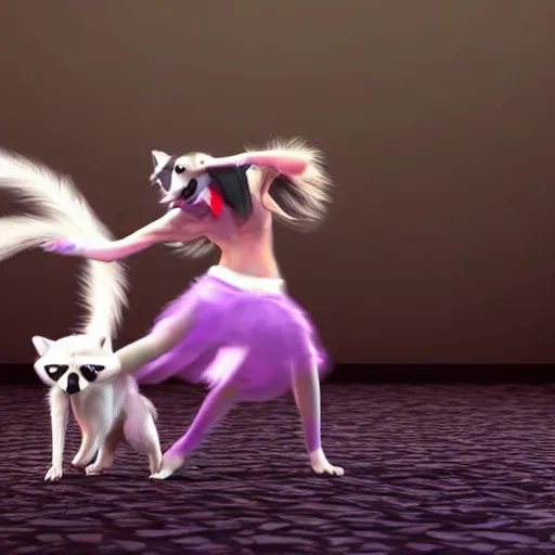 Prompt: a dog and a racoon fusing via dance, anime art style, cgi render