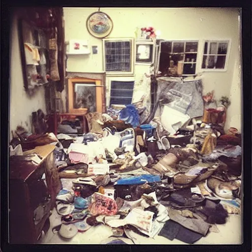 Image similar to messy house in the compulsive hoarder style, polaroid photo, perfect photo, photo pinterest