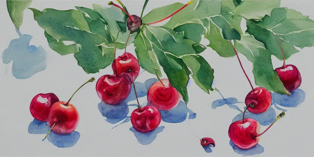 Prompt: watercolor painting of hundreds cherries, bright, white table, white walls