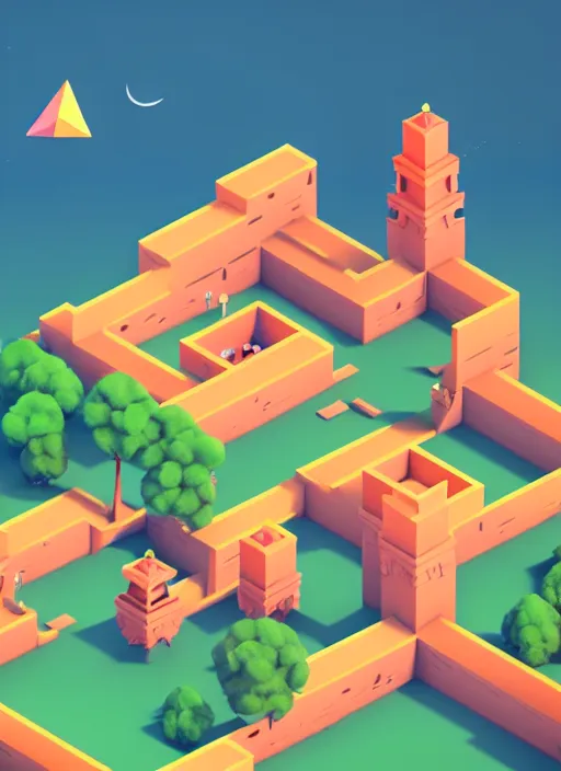 Prompt: a low poly isometric render of a kerala village in the style of monument valley, elegant, simple, solid shapes, by jakub gazmercik, makoto shinkai, max masnyy, jakub gazmercik, beeple, patrick faulwetter, heavenlydaemonic, and mc escher, octane render 8 k