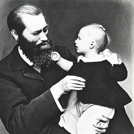 Image similar to painting of beard grandpa taking a photo to a baby girl, by lazlo moholy nagy moholy