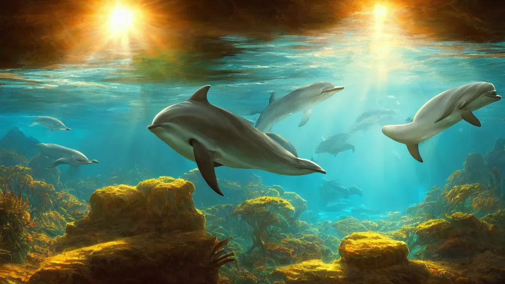 Prompt: underwater, sun rays shining through the water surface, dolphins swimming, peaceful, amazing, by andreas rocha and john howe, and Martin Johnson Heade, featured on artstation, featured on behance, golden ratio, ultrawide angle, f32, well composed