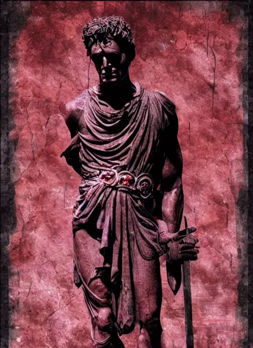 Image similar to design poster showing a statue of julius caesar, black background with very subtle red and purple design elements, powerful, nekro, guido crepax, graphic design, collage art, thin lines, dark, glitch art, neo vaporwave, gritty, layout frame, square, trending on artstation